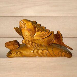 Hand Crafted Wood Koi Fish Sculpture Statue Honey Gold Color Free Standing